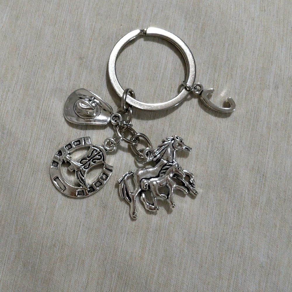 Silver Horse Charm Keychain With The Letter "C"